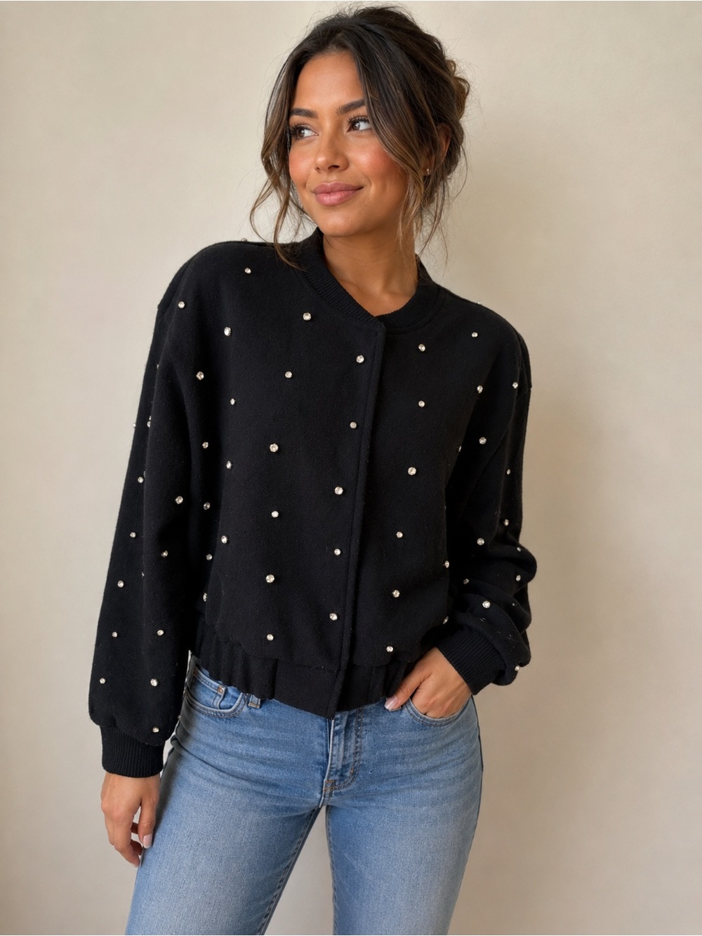 Zara Black Bling-Accent Knit Bomber Jacket